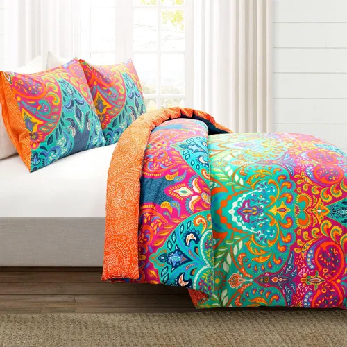 Vista 2 de Lush Decor Juego de funda de edredón reversible de algodón bohemio chic tamaño Queen de 3 piezas, tamaño matrimonial/queen, turquesa y azul marino