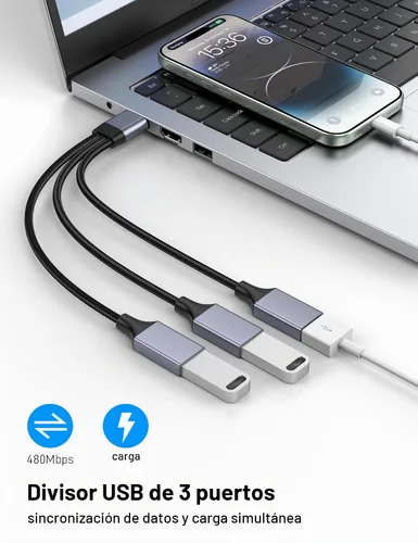 Vista 2 de Divisor USB Y 1 en 3 salidas, USB macho a 3 hembras Cable para PC, tableta, portátil, MacBook, teclado, PS4, PS5, mouse, FlashDrive, LED, etc.