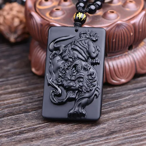 Vista 2 de VIKCAUX Collar de obsidiana negra con dije de protección con cadena de cuentas extendida, collar de amuleto de piedra de cristal curativo