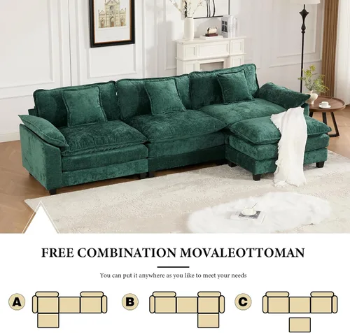 Vista 46 de Sofá seccional modular verde de 111.5", sofás seccionales grandes de 3 plazas para sala de estar, sofá nube oversized de tela chenille con otomana