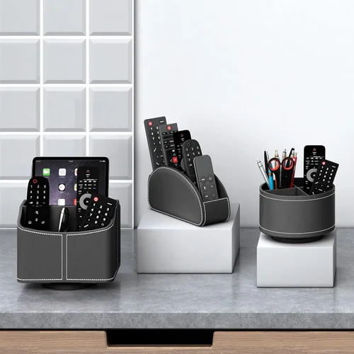 Vista 2 de Soporte para control remoto, organizador de suministros de arte de cuero sintético 360°, cajón multifuncional para controles remotos, suministros