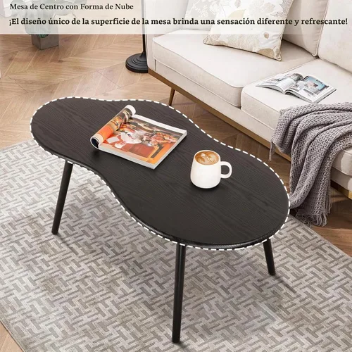 Vista 7 de Pequeña mesa de centro de nube negra para espacios pequeños, mesa de centro moderna, diseño irregular único con patas de madera, mesa de sofá