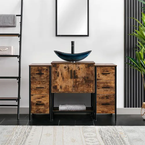 Vista 24 de eclife Lavabo de tocador de baño de 24 pulgadas, gabinete de metal moderno con estante inferior, fregadero azul para barco y grifo de ahorro de agua