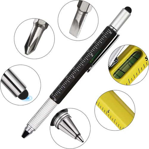 Vista 3 de DUNBONG Bolígrafo de metal multiherramienta 6 en 1, con destornillador, tinta negra, lápiz capacitivo, nivel y regla, 1 unidad (negro)