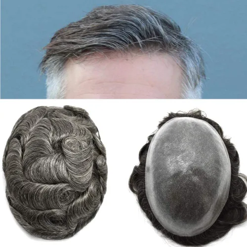 Vista 54 de PU Toupee para hombres pieza de pelo real sistema de reemplazo de cabello humano para hombres Toupee pieza de pelo para hombres piel polivinílica