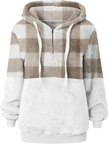 Vista 2 de Sudadera de gran tamaño con cuello redondo para mujer, a la moda, casual, con capucha, de manga larga, a cuadros, suéter a cuadros