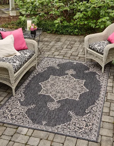 Vista 42 de Unique Loom Alfombra de la colección tradicional para exteriores, antigua (4 pies 1 pulgada, redonda, verde azulado/gris)