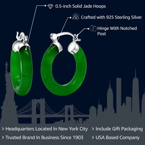 Vista 2 de Gem Stone King Aretes de aro de jade verde Plata de ley 925 Diámetro de 1/2 pulgada Aretes de aro clásicos con bisagra y poste con muescas