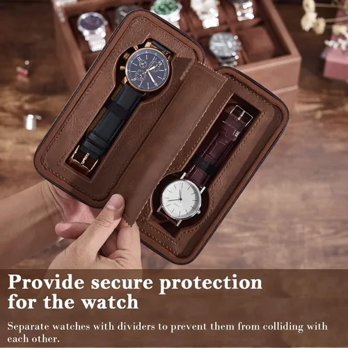 Vista 5 de BEWISHOME Estuche de viaje para relojes, cajas de reloj con 2 ranuras para hombre, organizador de relojes portátil, vitrina de relojes, accesorio