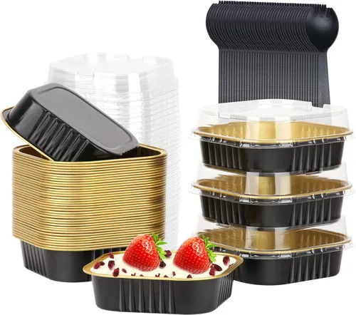 Vista 10 de LNYZQUS Moldes para Mini Pasteles de Cupcake de 5 oz con Tapas, Paquete de 40, Moldes de Papel de Aluminio para Cupcakes, Moldes para Hornear