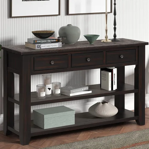 Vista 9 de LUMISOL Mesa consola de madera de granja con cajones y estantes de almacenamiento, mesa de sofá de entrada, mesa de pasillo, parte superior azul +