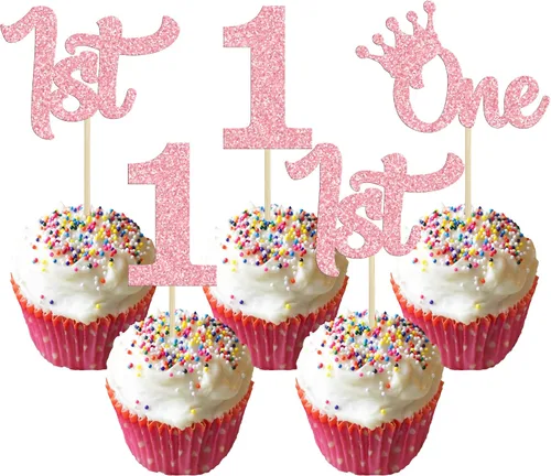 Vista 29 de 24 adornos para cupcakes de primer cumpleaños con purpurina para decoración de pastel de primer cumpleaños, selecciones de cupcakes para niños, baby
