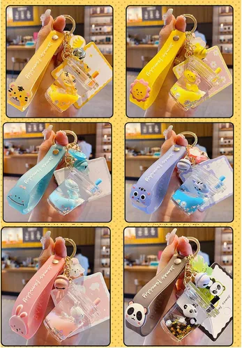 Vista 9 de Lindo llavero de animal líquido flotante Kawaii llaveros mochila colgante colgante pulsera llavero llavero para niñas mujeres