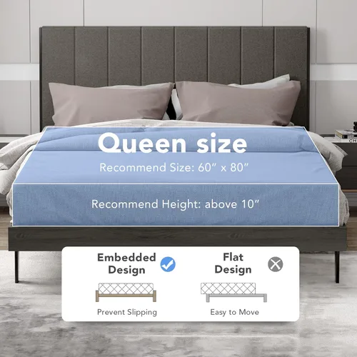 Vista 3 de Giantex Base de cama tapizada, soporte de listones de madera, base de colchón Queen con cabecera copetuda, cama de plataforma con patas de madera
