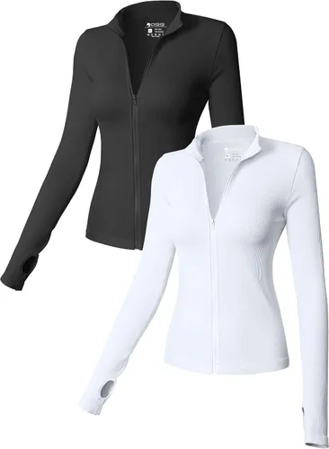 Vista 6 de OQQ - Camisetas de manga larga con cremallera frontal para mujer (2 piezas)