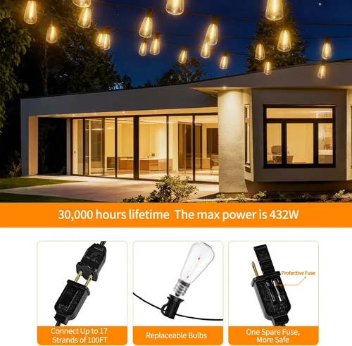 Vista 5 de Guirnalda de luces LED para exteriores ST38 de 200 pies, impermeables, con 106 bombillas vintage inastillables (6 de repuesto), luces Edison