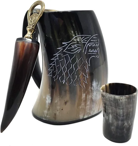 Vista 9 de Viking - Juego de tazas de cuerno para beber (6 piezas) jarra, correa de cuero, abrebotellas, vaso de chupito, 16 onzas, grabado Dire-Wolf