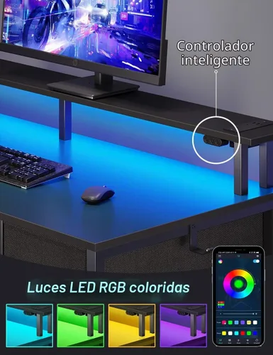 Vista 4 de Seventable Escritorio de Computadora con Tomas de Corriente y Luz LED, Escritorio de Oficina en Casa de 39 Pulgadas con 5 Cajones, Escritorio