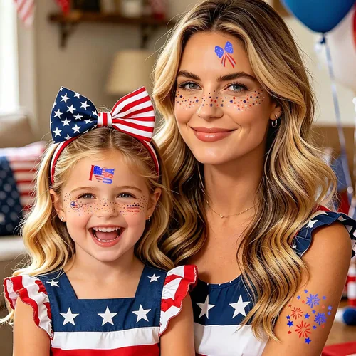 Vista 6 de 28 tatuajes faciales de pecas del 4 de julio, con purpurina, rojo, blanco, azul, bandera de Estados Unidos, estrellas, tatuajes patrióticos