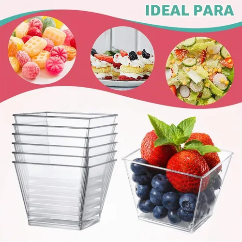 Vista 3 de Vasos de postre de plástico de 3.8 onzas con cucharas, paquete de 50 unidades, mini tazas de postre cuadradas transparentes para aperitivos, tazas