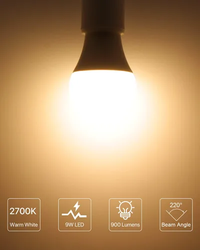 Vista 3 de Bombillas LED A19 E26, 60 W Eqv, 9 W, 2700 K, no regulables, paquete de 6 900 lúmenes, luz blanca cálida, ideal para iluminación de dormitorio