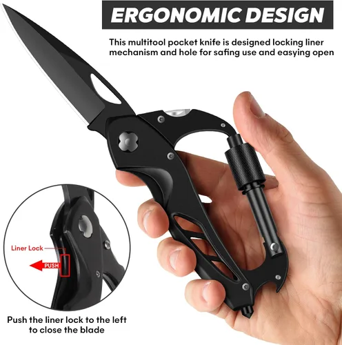 Vista 4 de Herramienta múltiple con mosquetón con cuchillo de bolsillo, equipo de supervivencia para camping y senderismo, llavero con mosquetones EDC