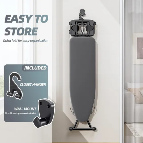 Vista 7 de KINGBOARD Tabla de planchar, tabla de planchar compacta de tamaño completo con cubierta extragruesa, soporte de 7 alturas ajustables con colgador