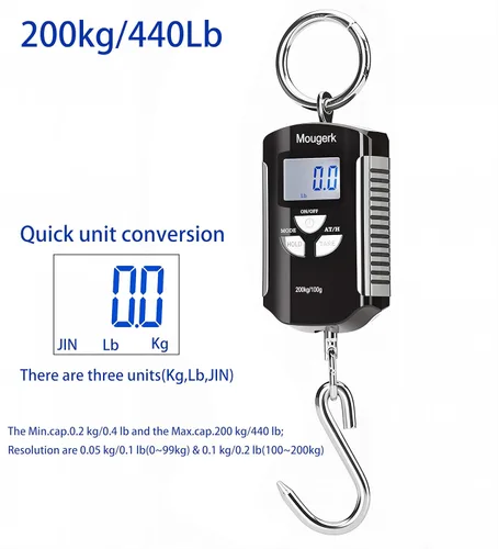Vista 2 de Báscula colgante digital de 440 libras, 440.9 lbs, báscula de peso resistente, 2 pilas AAA (no incluidas) (negro plateado)
