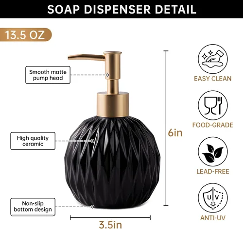 Vista 6 de Ceramics - Dispensador de jabón dorado para baño, dispensador de jabón de alivio para fregadero de cocina, botella de jabón líquido recargable