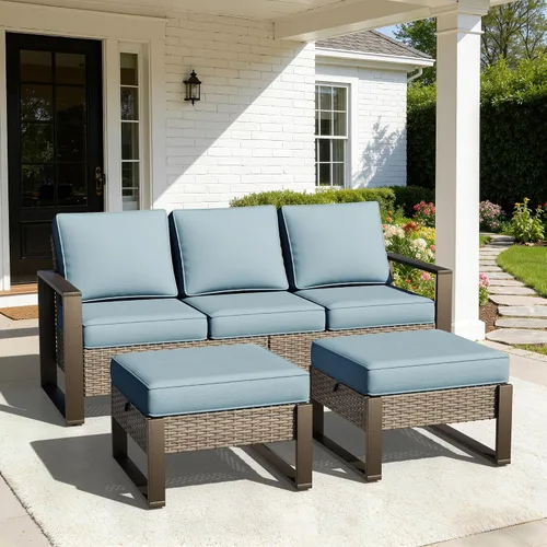 Vista 67 de Joyside - Sofá de mimbre para patio al aire libre, sofá de ratán de 3 plazas con cojines gruesos de olefina y reposabrazos rectangular con marco