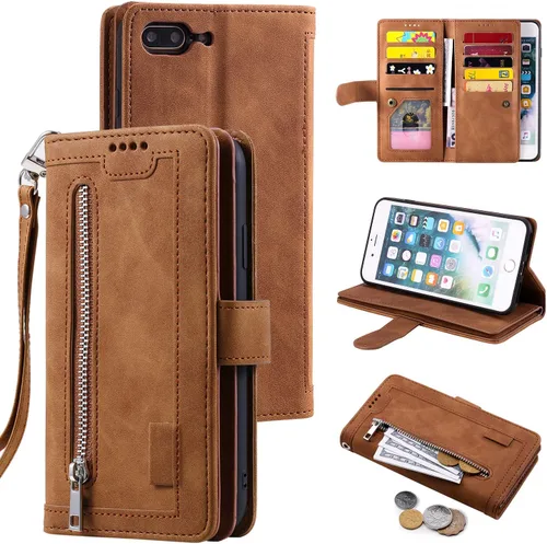 Vista 26 de UEEBAI Funda tipo cartera para iPhone SE 2022 5G/iPhone 7/iPhone 8/iPhone SE 2020, retro con 9 ranuras para tarjetas, bolsillo con cremallera, funda