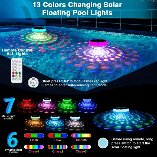 Vista 2 de Luces solares para piscina (1 unidad), 2600 mAh USB recargables luces flotantes flotantes de 6.7 pulgadas IP68 impermeable con control remoto, RGB