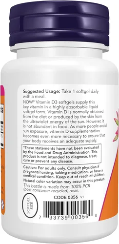 Vista 3 de Now Supplements, vitamina D3, 2,500 UI, salud ósea e inmunológica*, 180 cápsulas blandas