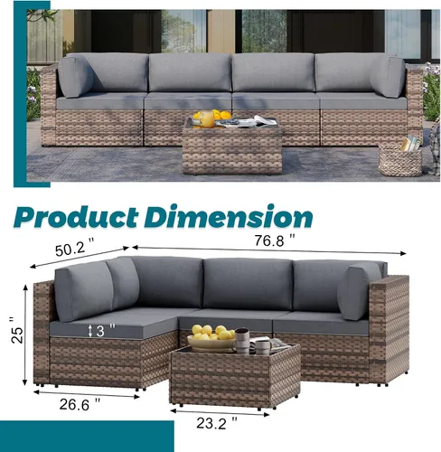 Vista 2 de SUNLEI Juego de muebles de patio de 5 piezas, sofá modular de ratán con respaldo bajo para todo tipo de clima, mesa de té y cojines de sofá