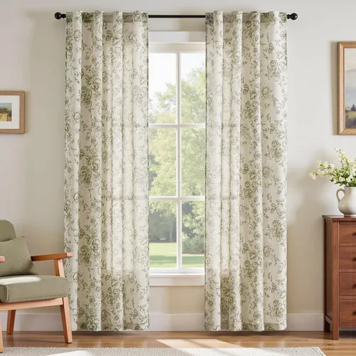 Vista 36 de Jinchan Cortinas de Mezcla de Lino con Estampado Floral para Sala de Estar, 84 Pulgadas de Largo, Cortinas con Bolsillo para Varilla y Tab Trasera