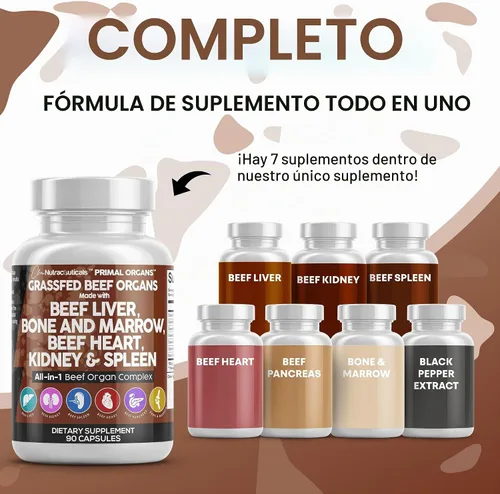 Vista 2 de Cápsulas de hígado de res alimentada con pasto de Clean Nutraceuticals - Suplemento de calidad premium empaquetado con corazón de res, bazo