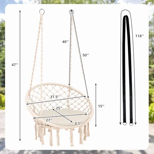 Vista 4 de Tangkula Silla hamaca con cojín, estilo bohemio de macramé con kit de accesorios para colgar y correa, columpio de cuerda colgante para interiores