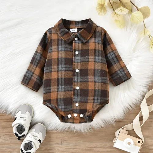 Vista 4 de ODASIRA Ropa de bebé niño, trajes de bebé, overol de manga larga a cuadros + overol de jeans, conjunto de pantalones