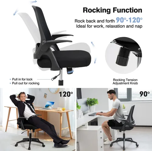 Vista 5 de Giantex Silla ergonómica de malla con respaldo medio para computadora, soporte lumbar, reposabrazos abatibles, silla giratoria de altura ajustable