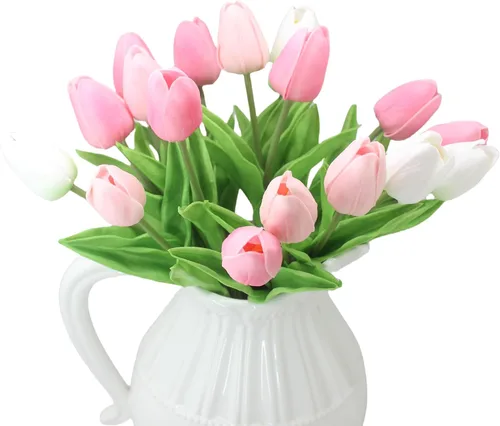 Vista 7 de Flores artificiales, 10 cabezas, mini tulipán artificial de tacto real para decoración del hogar, boda, fiesta, centro de mesa (negro)