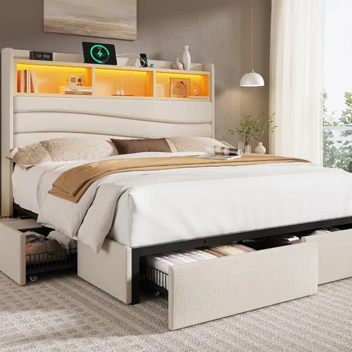 Vista 11 de BRELTAM Base de cama tamaño Queen con 6 cajones de almacenamiento, plataforma tapizada de lino con estación de carga y luces LED, diseño de cabecera