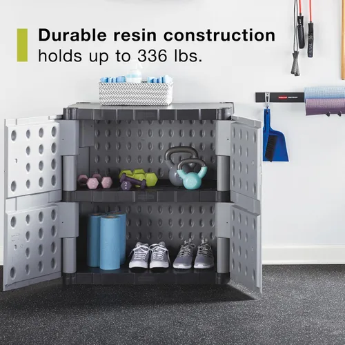 Vista 5 de Rubbermaid Freestanding Storage Cabinet with Doors 18"D x 36"W x 37"H Medium Gray/Black Two-Shelf Lockable Cabinet for Indoor/Outdoor/Garage Storage