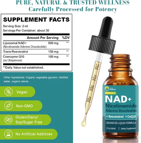 Vista 6 de CoQ10 100 mg, NAD+ liposomal 500 mg, resveratrol 150 mg suplementos líquidos para mujeres y hombres, aumenta la energía y antienvejecimiento