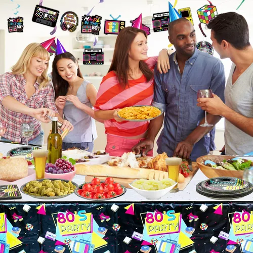Vista 4 de Suministros para fiestas de los años 80, 61 platos, servilletas, manteles para decoraciones de fiesta de regreso a los años 80, sirve para 20