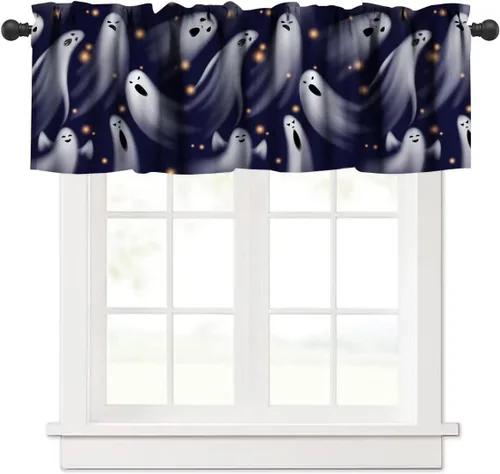 Vista 25 de Cortina de cenefa para fiesta de Halloween, diseño de dibujos animados, lindo fantasma, castillo sombrío, calabaza, murciélago, bolsillo para barra