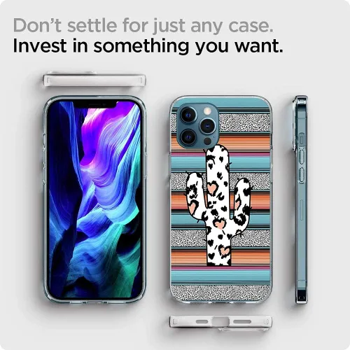 Vista 5 de Funda de teléfono con diseño de cactus occidentales para iPhone 12 Pro Max, funda de piel de vaca con estampado de cuero de vaca y turquesa