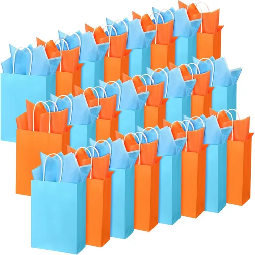 Vista 8 de Fumete Paquete de 24 bolsas de regalo de papel kraft con papel de pañuelo, coloridas bolsas de recuerdo de fiesta con asas para fiesta de guerra