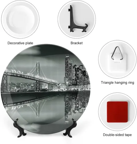 Vista 3 de Platos decorativos, adorno con estampado en blanco y negro, puente de la bahía de San Francisco, panorámica de Metrópolis, 8 pulgadas, 1 plato con 1