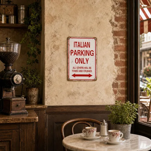 Vista 3 de Letrero de aluminio italiano con texto en inglés «Parking Only», divertida decoración de garaje de metal, 8 x 12 SUBURBAN PO3