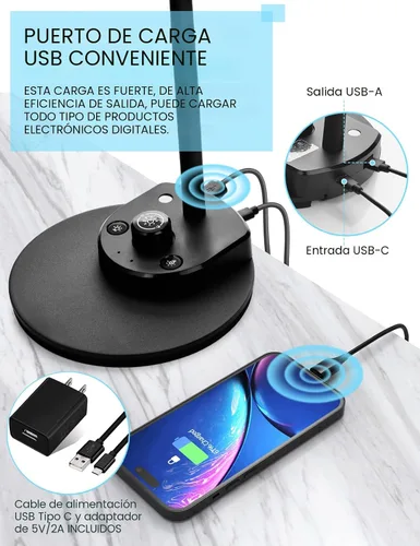 Vista 4 de BOHON. Lámpara de escritorio LED con puerto de carga USB, 3 modos de color, luz de lectura regulable, lámpara de tarea de inducción inteligente
